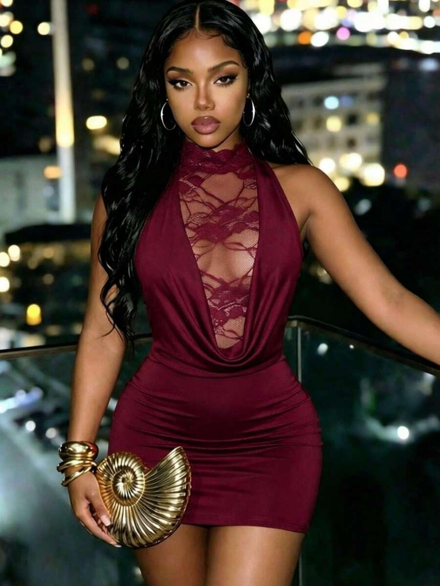 burgundy cowl neck lace insert mini dress
