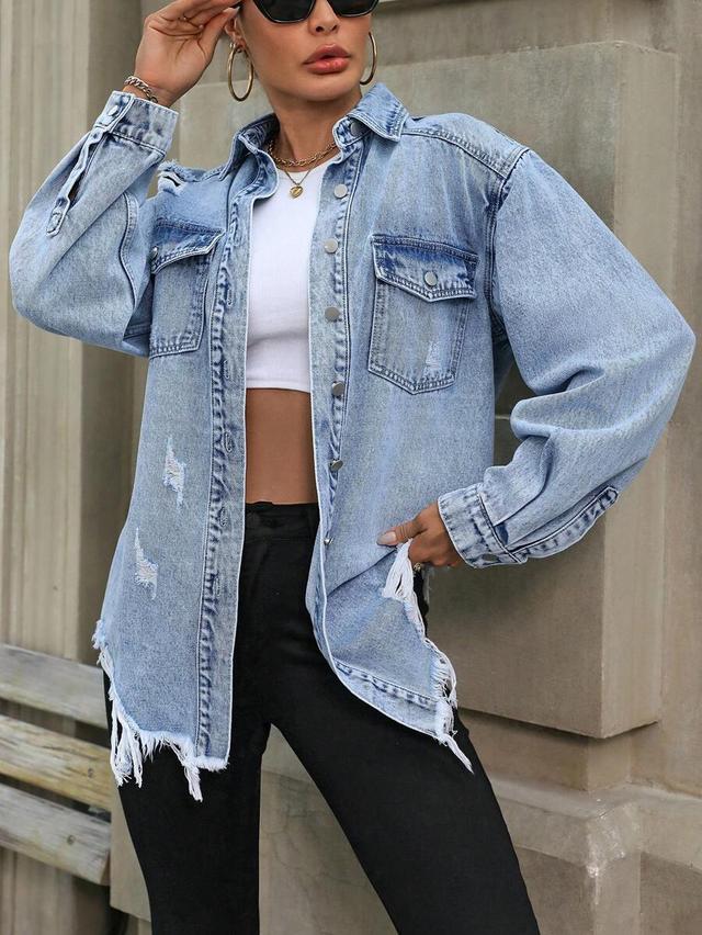 distressed light wash denim button down shirt jacket