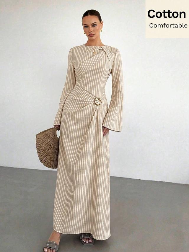 beige stripe siren gaze elegant striped cotton long-sleeve maxi dress