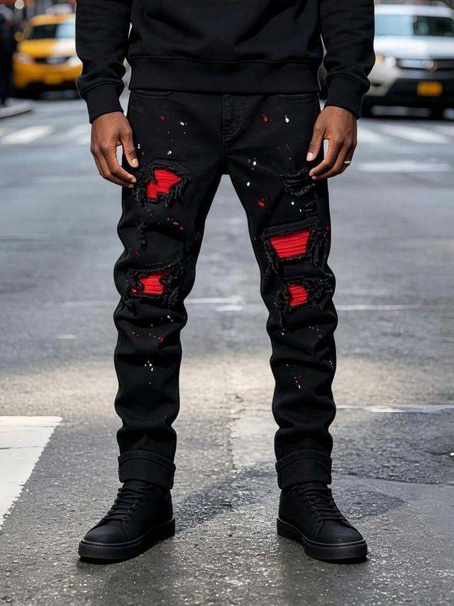 men's black washed distressed skinny jeans with red underlay