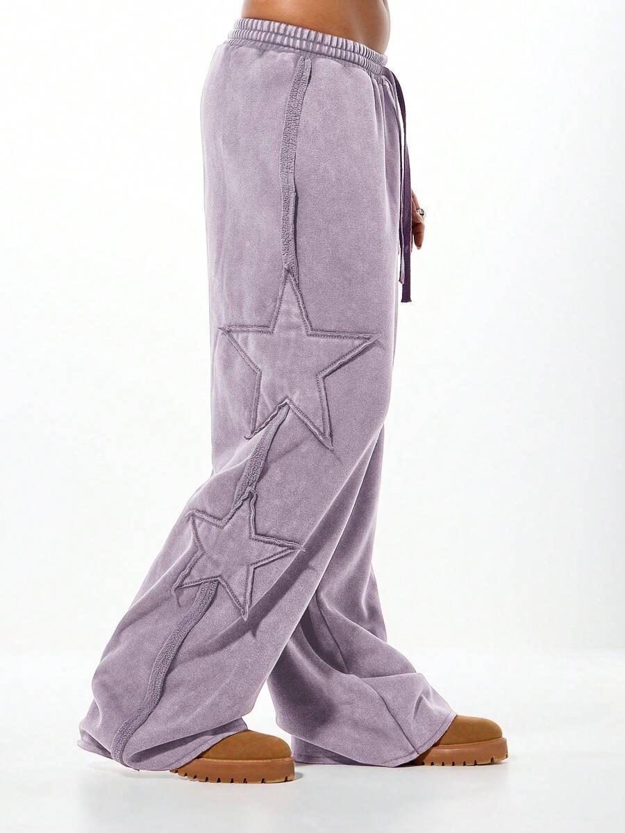 oversized washed star applique wide leg sweatpants