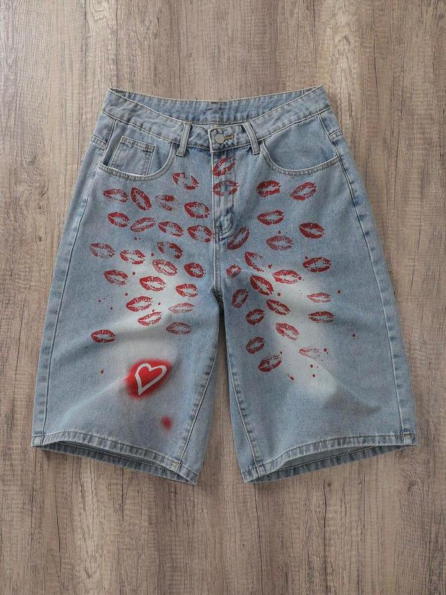 light wash denim shorts with red lip heart graphic