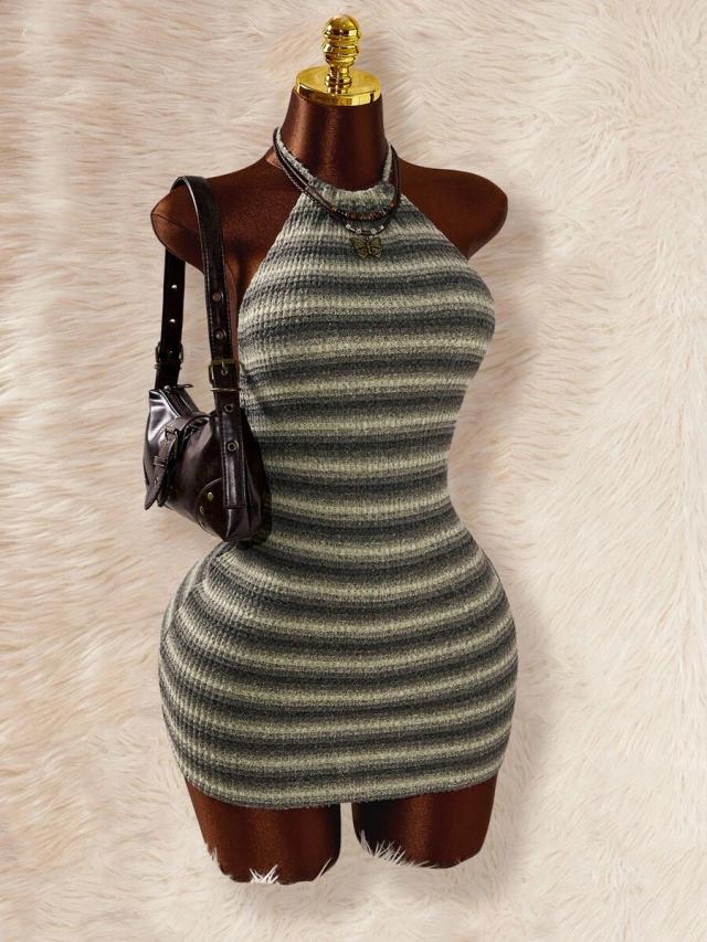 sage green striped halter bodycon mini dress