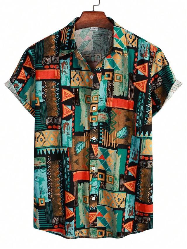 men geo print button up shirt