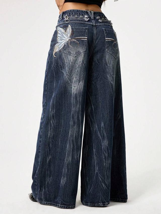 distressed butterfly embroidery vintage washed wide leg jeans