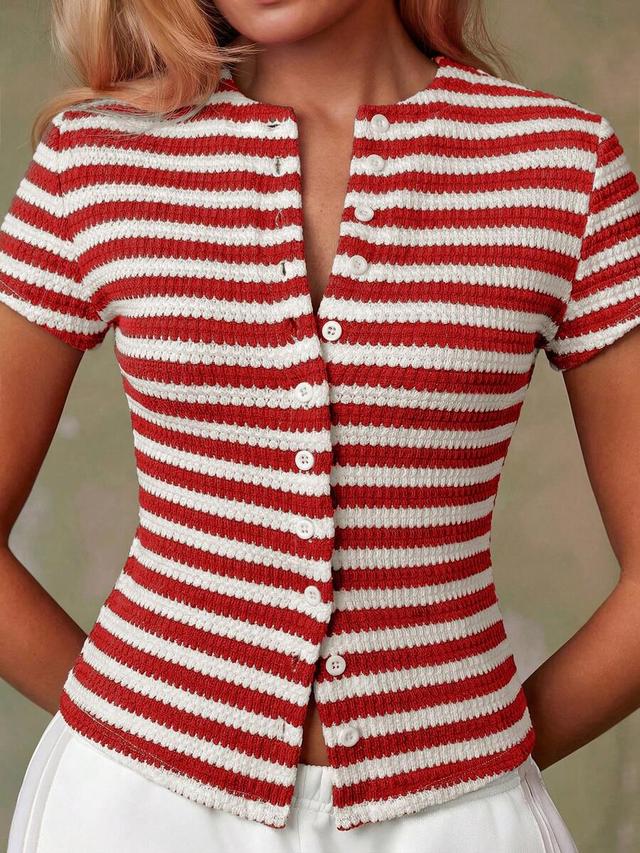 casual red and white striped button front blouse