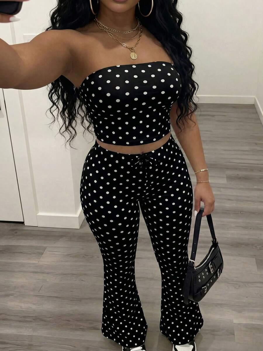 polka dot bandeau top and flared pant set