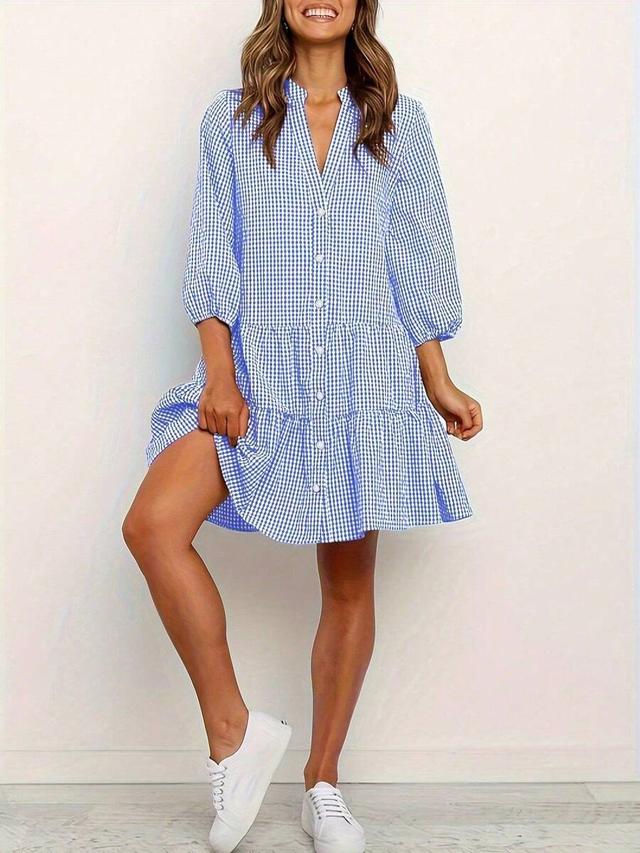 blue and white gingham button-down tiered shirt dress