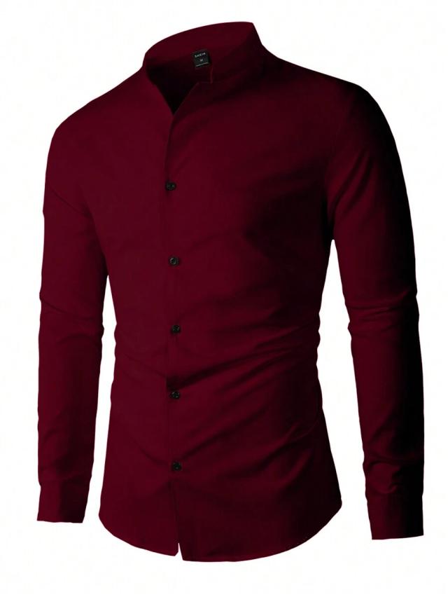burgundy solid color long sleeve mandarin collar shirt