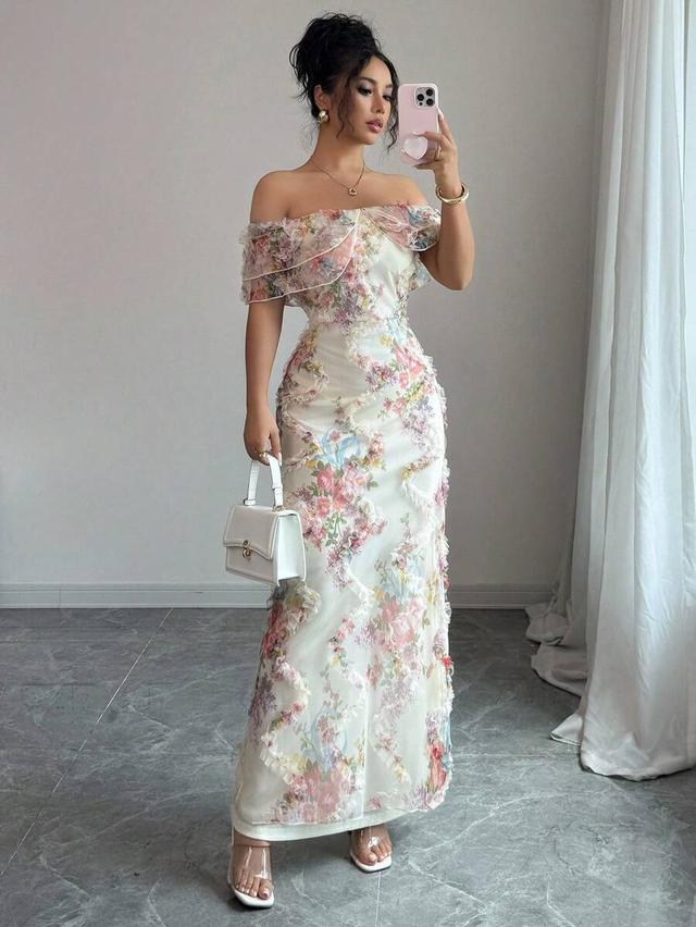 elegant floral mesh off shoulder ruffle bodycon dress