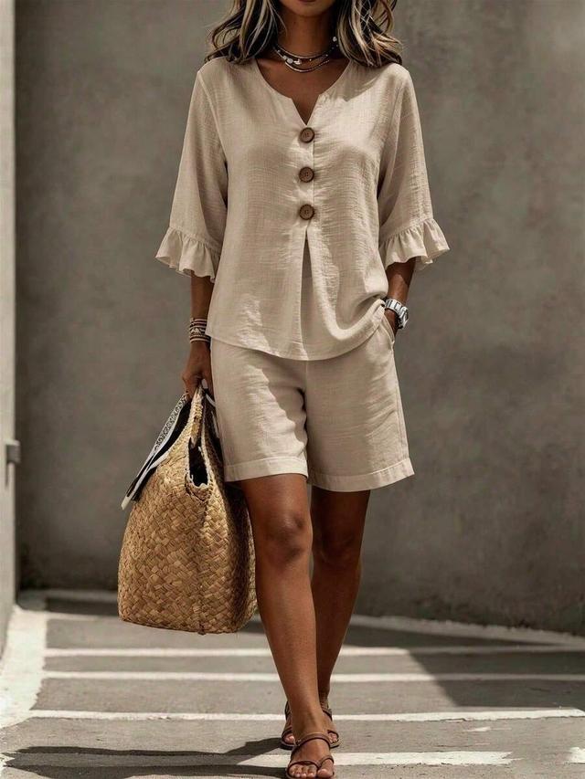 beige linen blend button-front top with ruffled sleeves