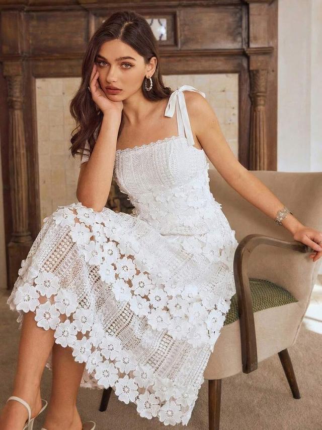 white water-soluble floral lace patchwork a-line dress