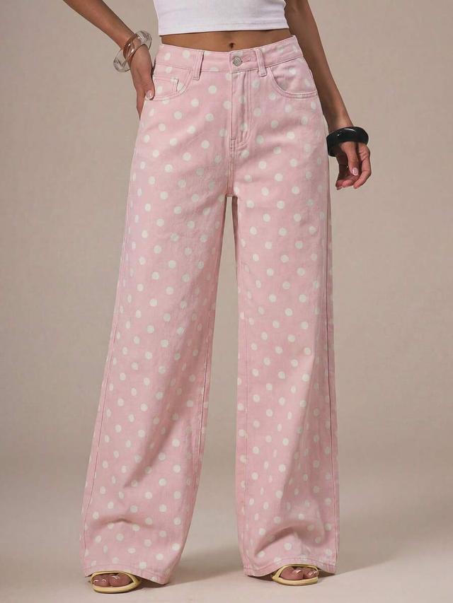 pink polka dot straight leg denim jeans
