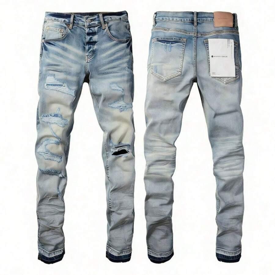 men's slim fit light wash ripped denim jeans