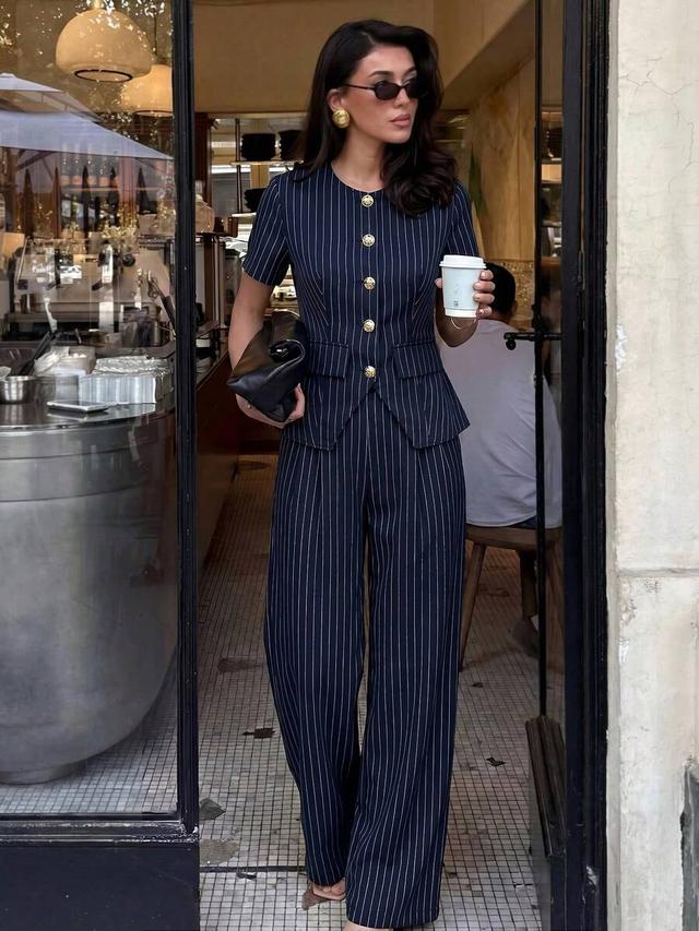 striped short sleeve cinched waist buttoned top and trousers