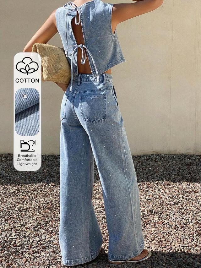rhinestone embellished light wash denim coord set
