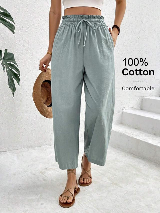 solid color cotton ruffle waist drawstring tapered pants