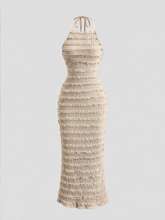 light yellow pleated spaghetti strap lace maxi dress