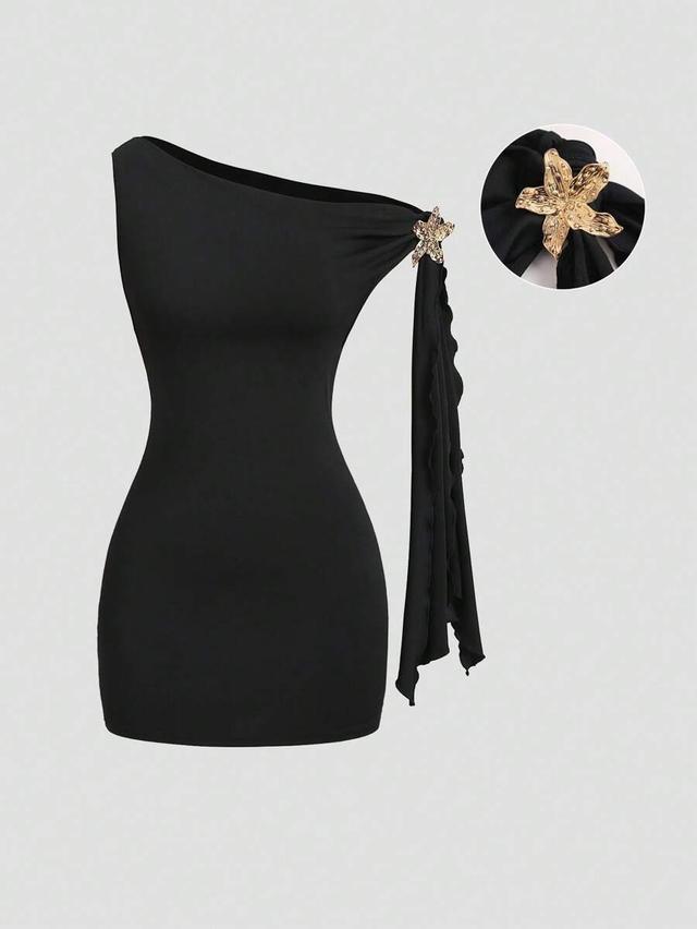 asymmetrical black bodycon dress with flutter sleeve detail