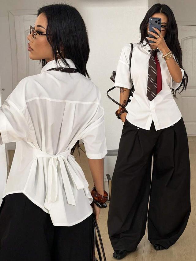 white cotton poplin back tie shirt