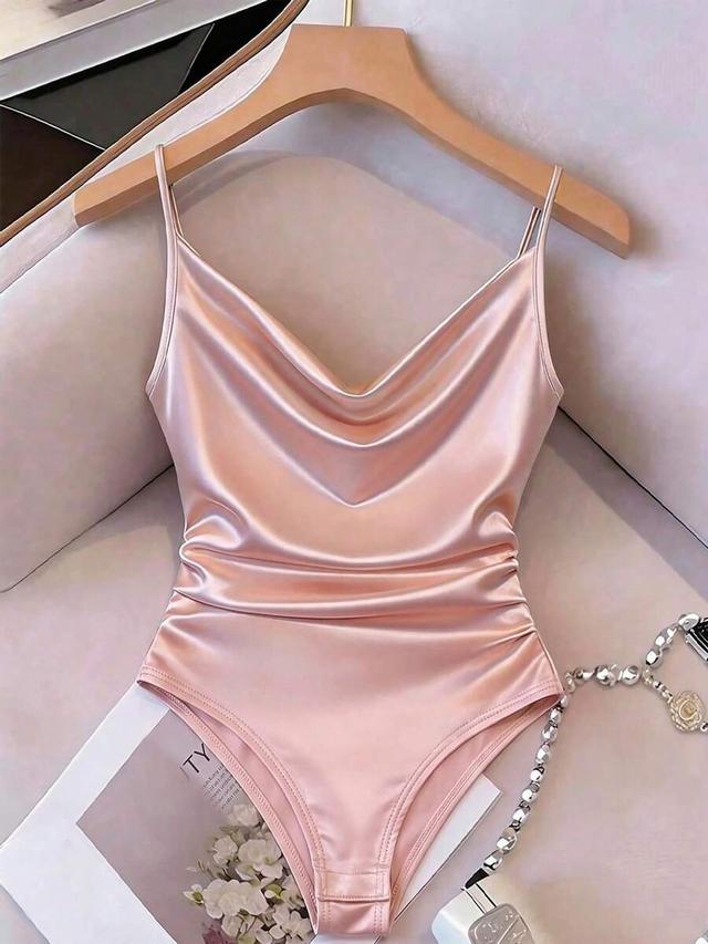 dusty pink draped neck ruched satin bodysuit