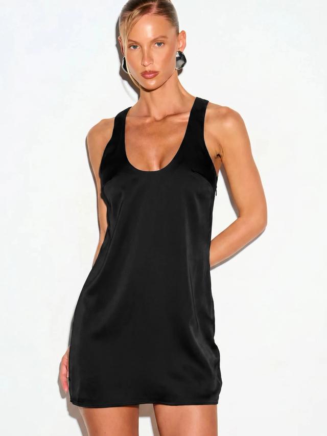black satin mini dress with scoop neck and racerback