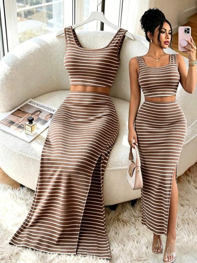 brown and white striped ribbed knit midi skirt