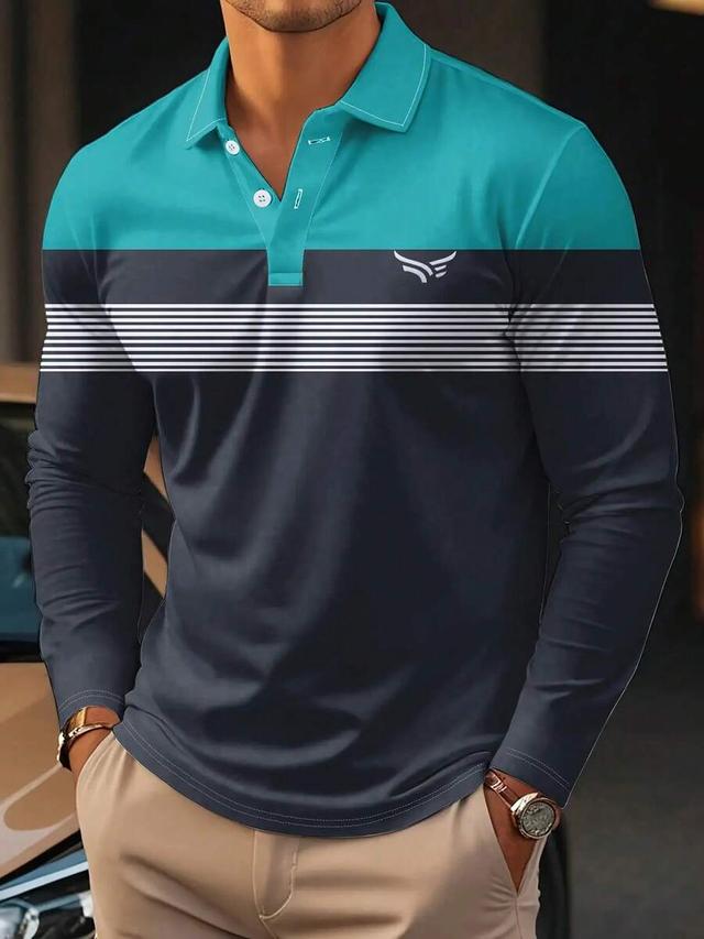 men's blue striped 3d digital print long sleeve shirt