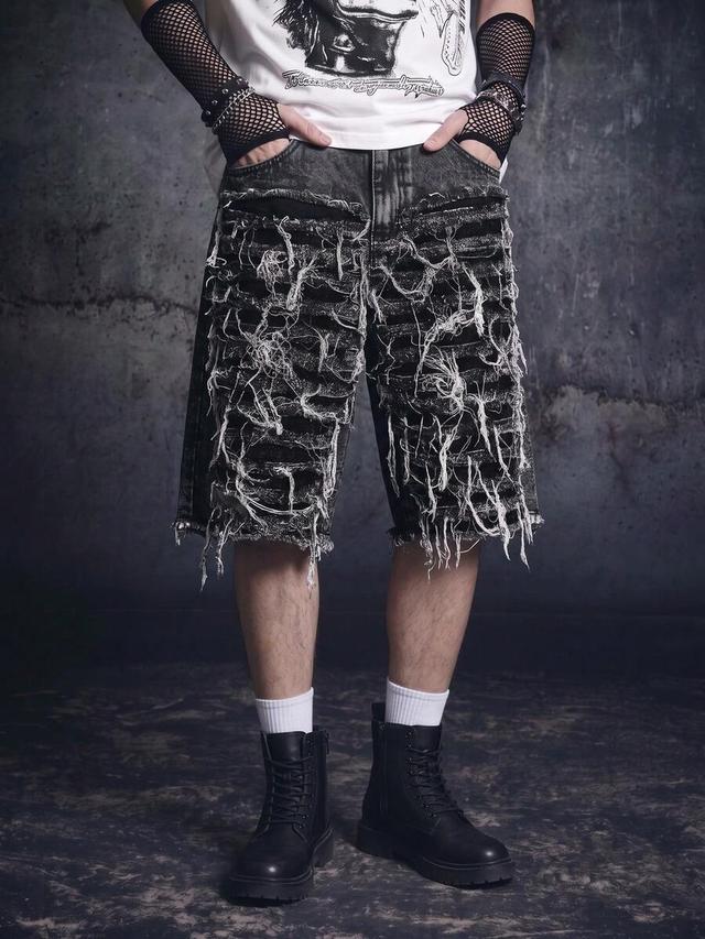 acid washed grey distressed denim punk shorts