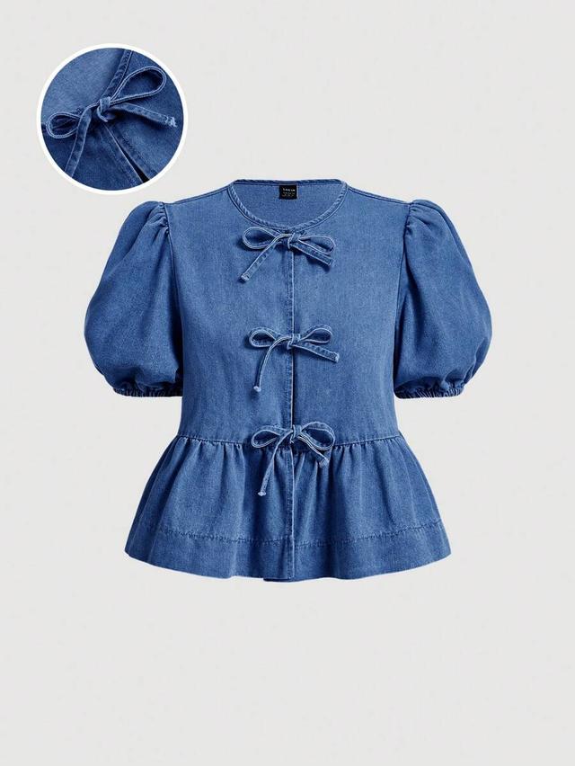 blue denim puff sleeve peplum top with tie front