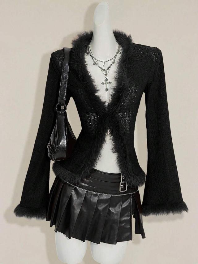 black knit jacquard long sleeve top with faux fur