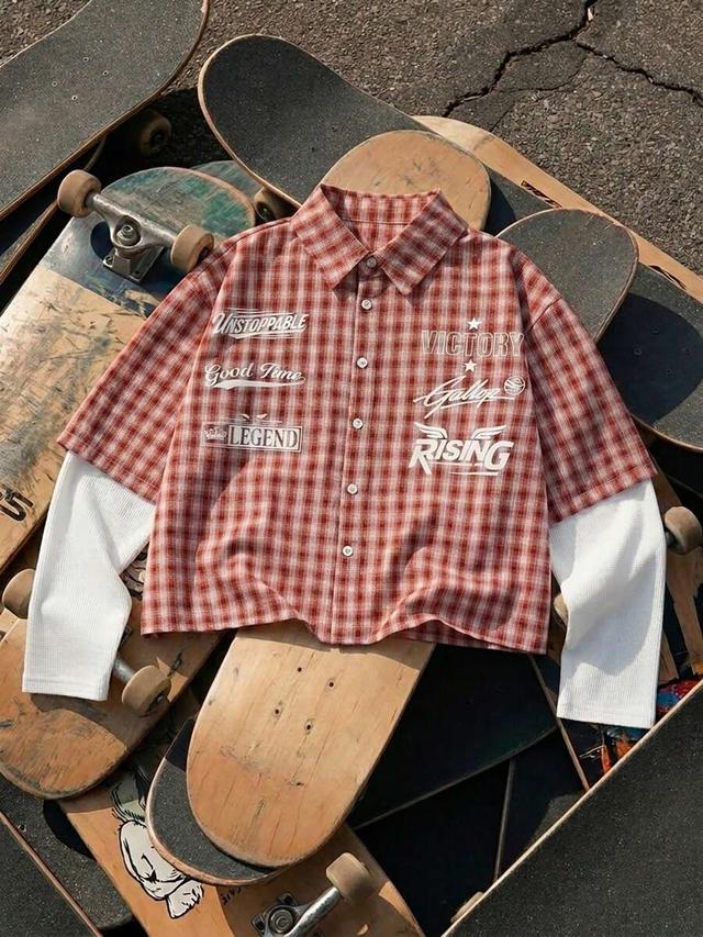red plaid graphic print layered long sleeve shirt
