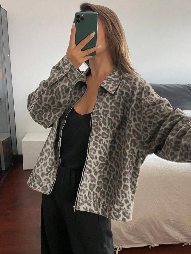 leopard print cotton denim zip-up jacket