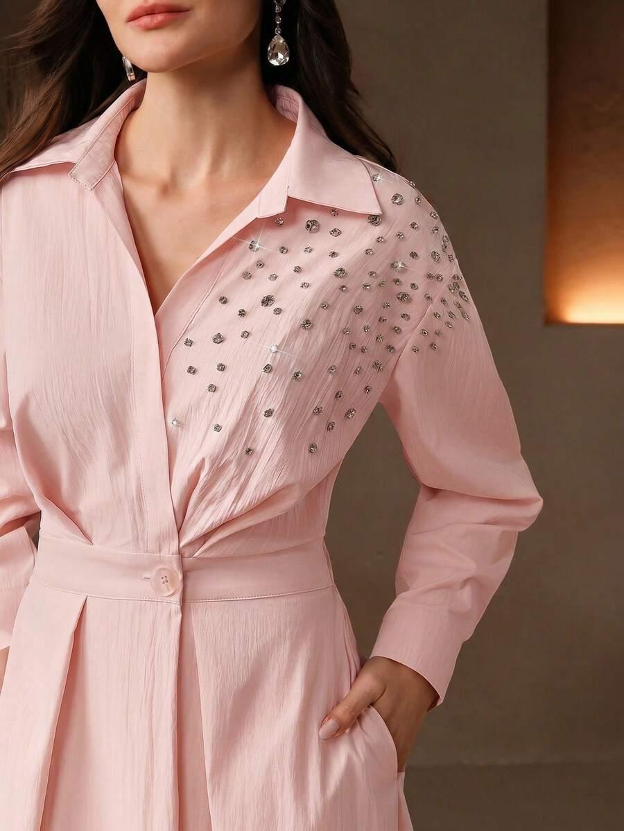 pink waist cinched shoulder drop shirt dress