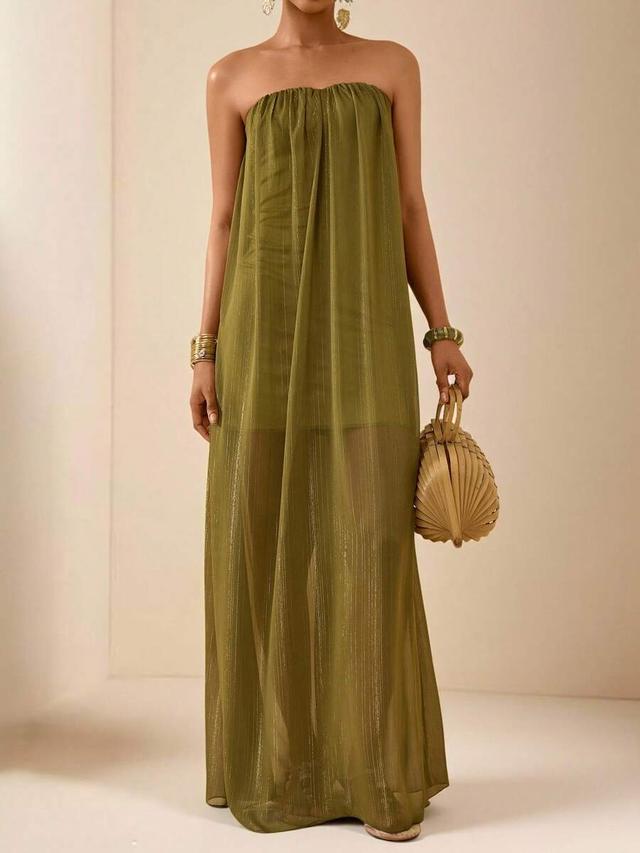 olive green strapless sheer overlay maxi dress