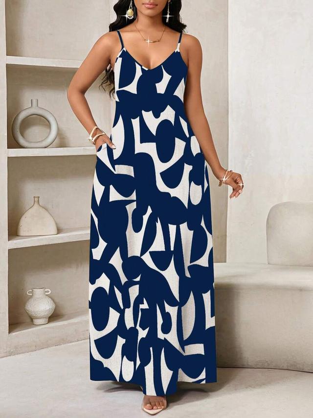 navy and white abstract print spaghetti strap maxi dress