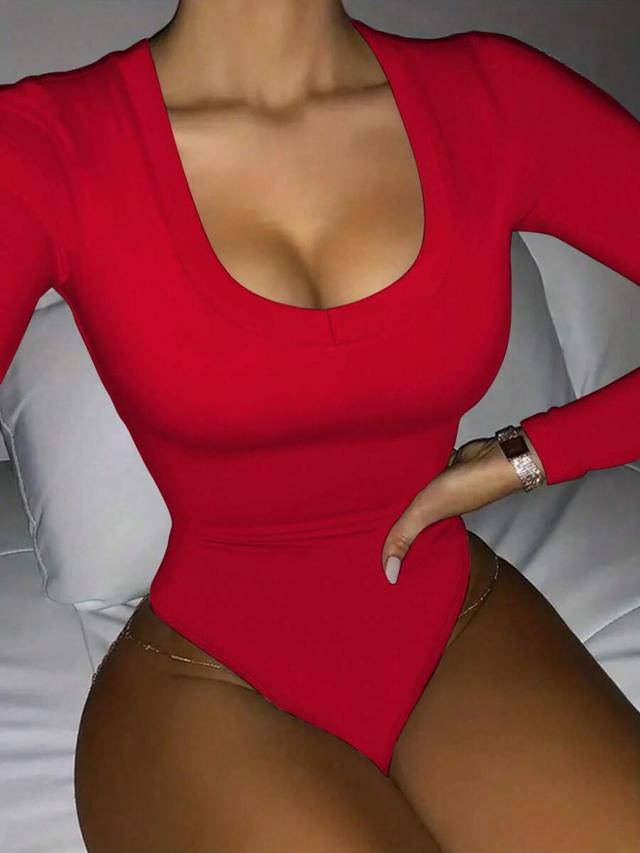 red long sleeve v-neck casual bodysuit