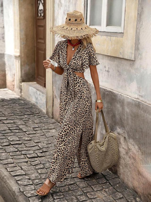 leopard print tie-front cutout maxi dress