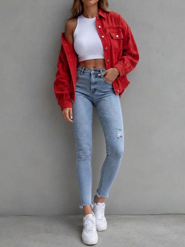 red women's solid distressed fringe denim shirt jacket