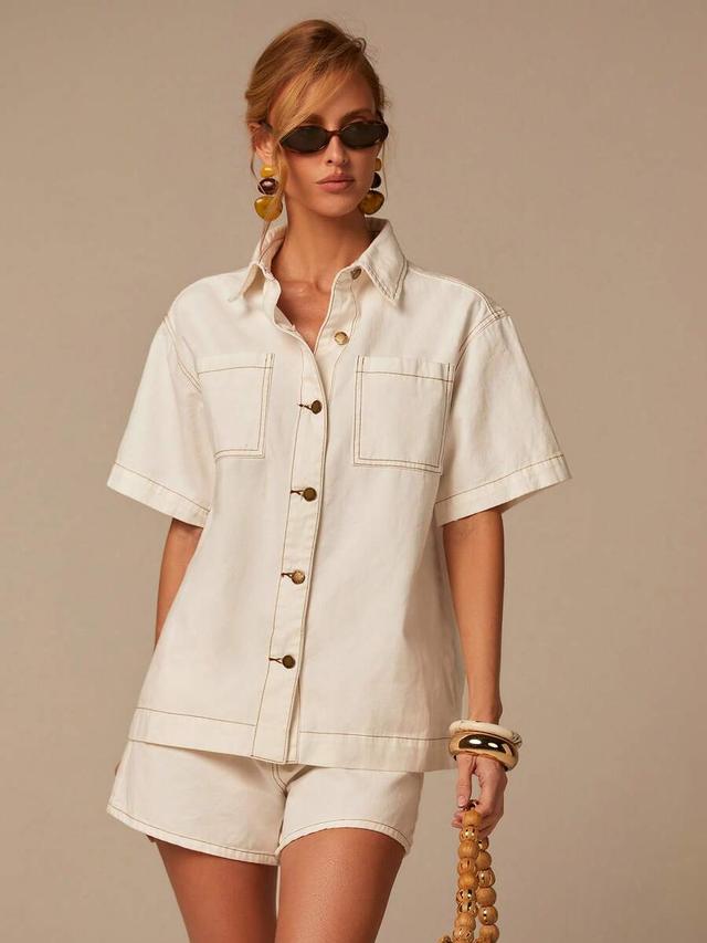 off-white denim short sleeve shirt and shorts set