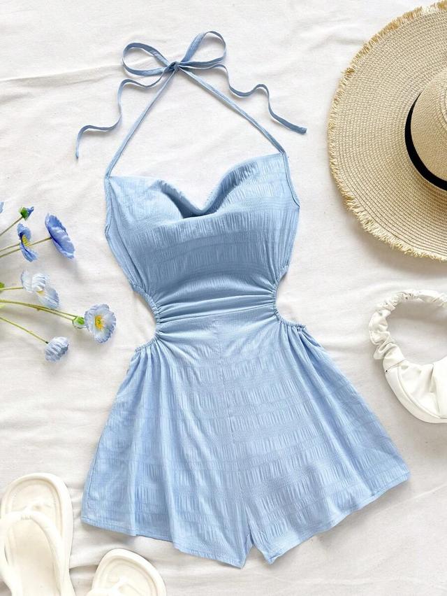 soleia light blue textured tie front cut out romper