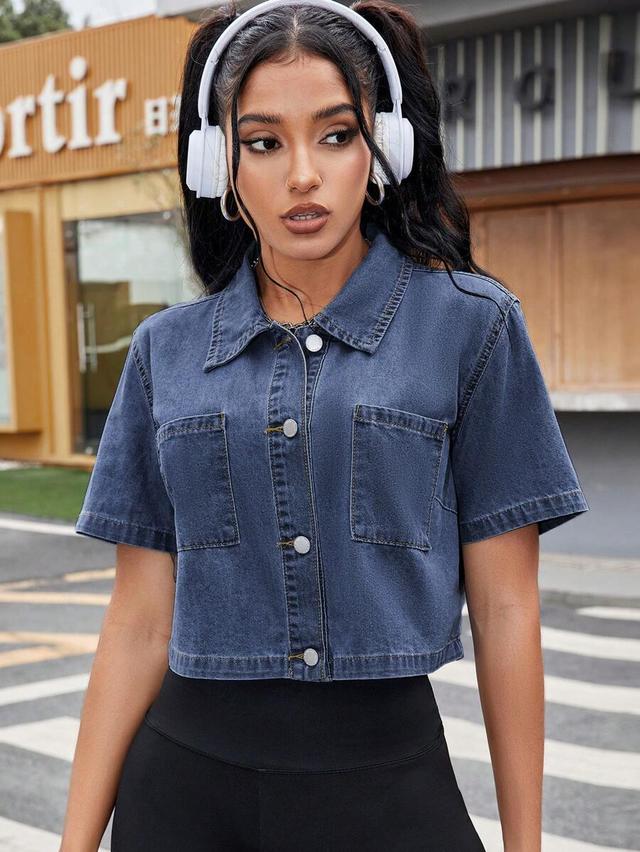 short sleeve dark wash denim button down shirt