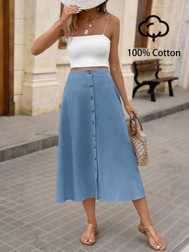 brillora women's solid blue single-breasted midi skirt