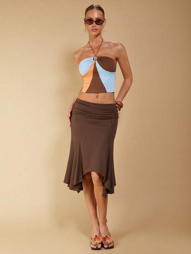 color-blocked asymmetrical ruched skirt