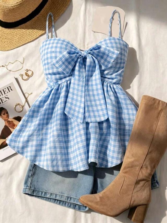 women's blue plaid cotton camisole with bow detail