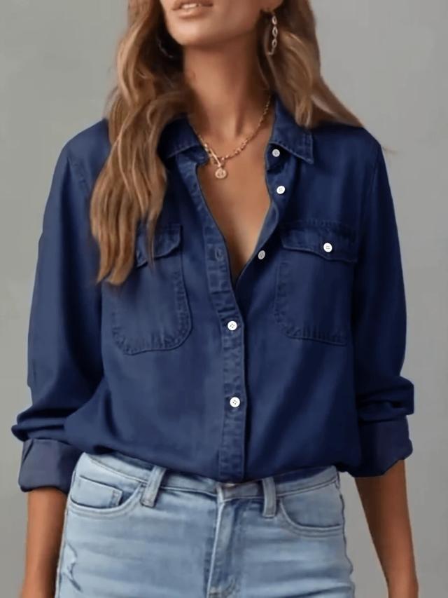 casual solid color washed denim button-down shirt