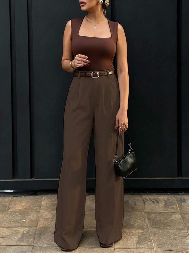women's high-waisted slim fit wide leg pants in coffee brown