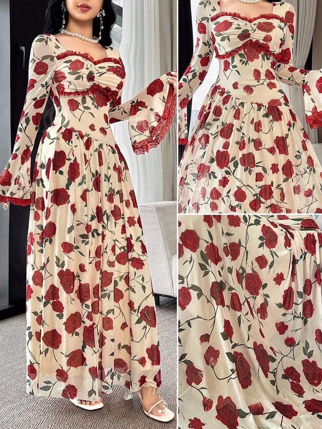 feyla women's elegant floral print lace flare sleeve dress