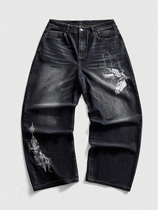 loose fit black washed graphic denim jeans