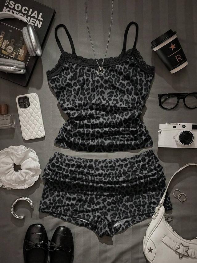 leopard print lace trim ruched camisole and shorts set